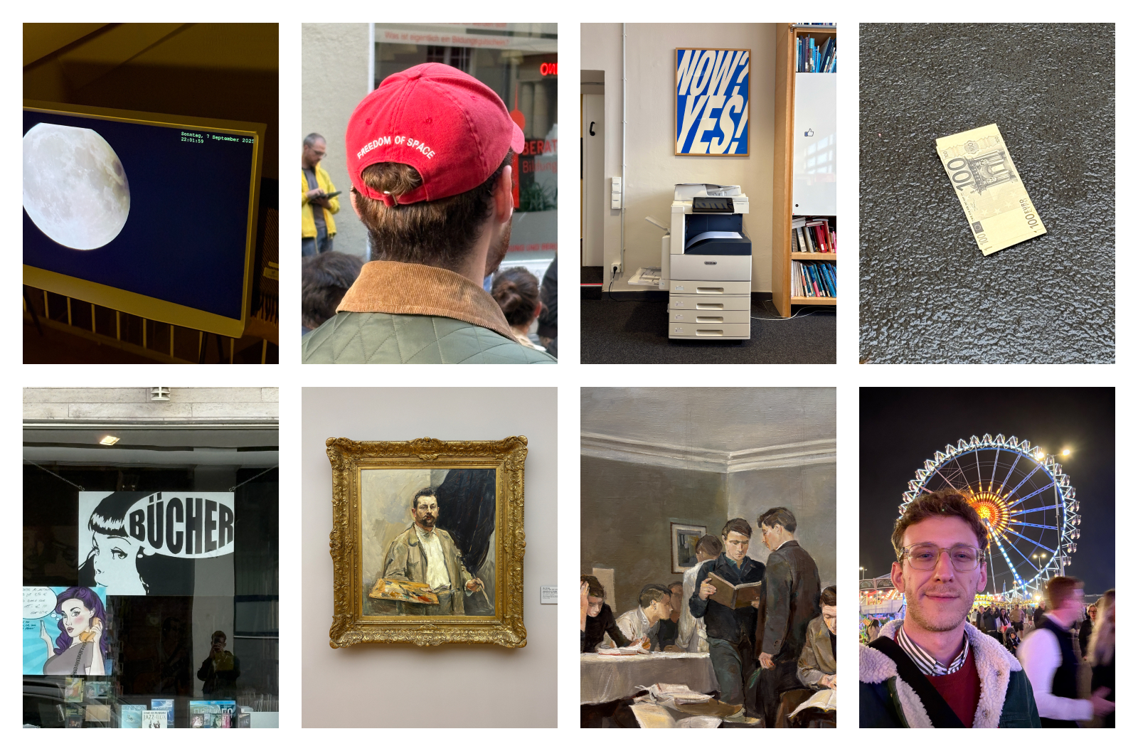 Kollage: Ein Xerox Drucker, ein falscher 100 Euro Schein, Ein selfie vor einem Riesenrad