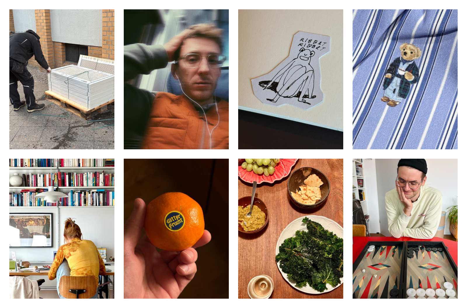 Collage: Backgammon, Grünkohl, Mandarine