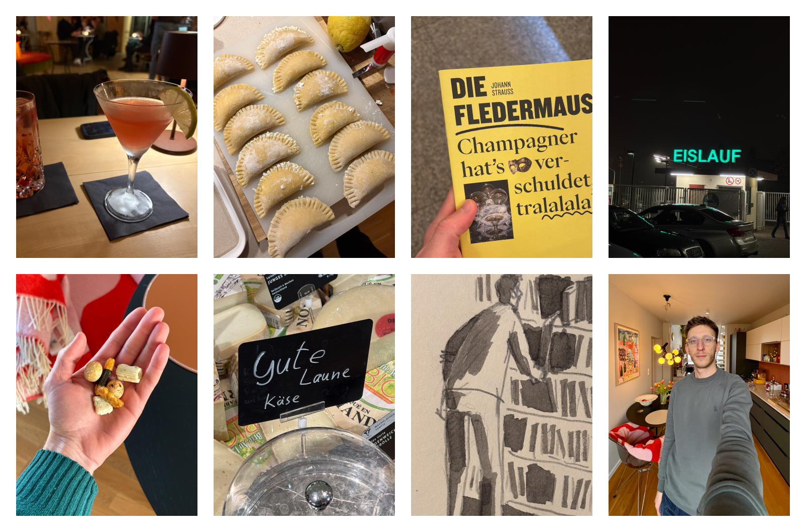 Collage Januar: selbstgemachte Ravioli, ein Cocktail, ein Schild mit der Aufschrift 