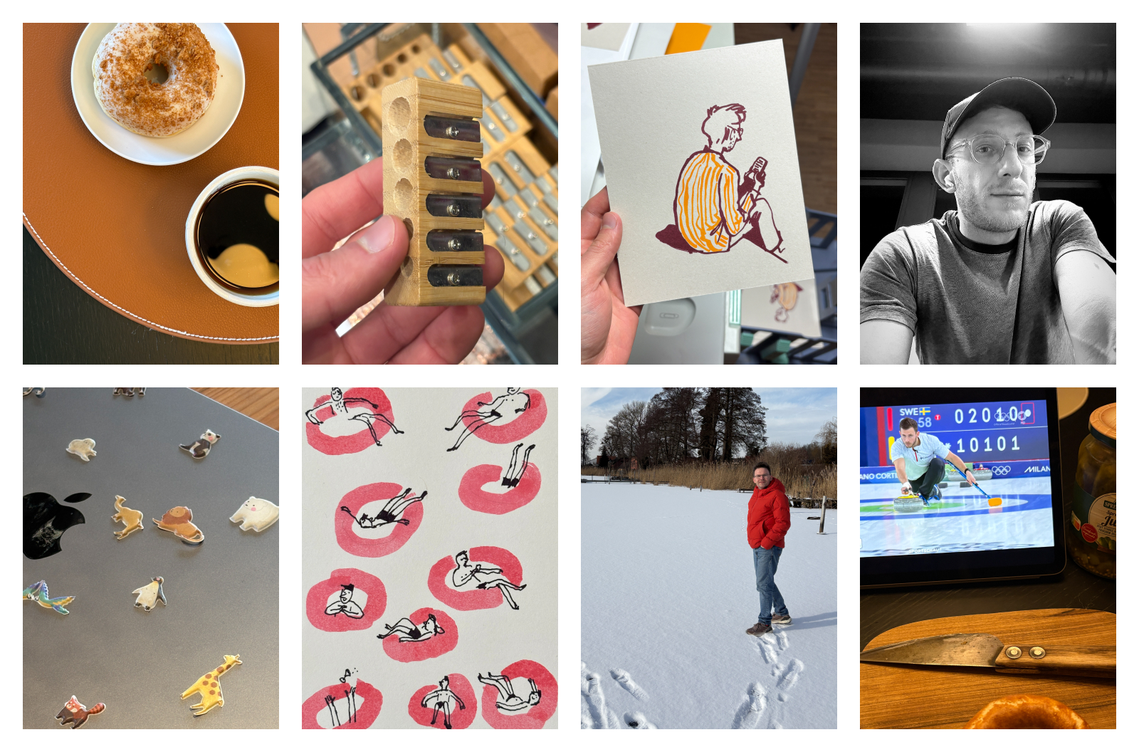 Foto-Collage: Kaffee, Donut, Zeichnungen, Schnee-Spaziergang