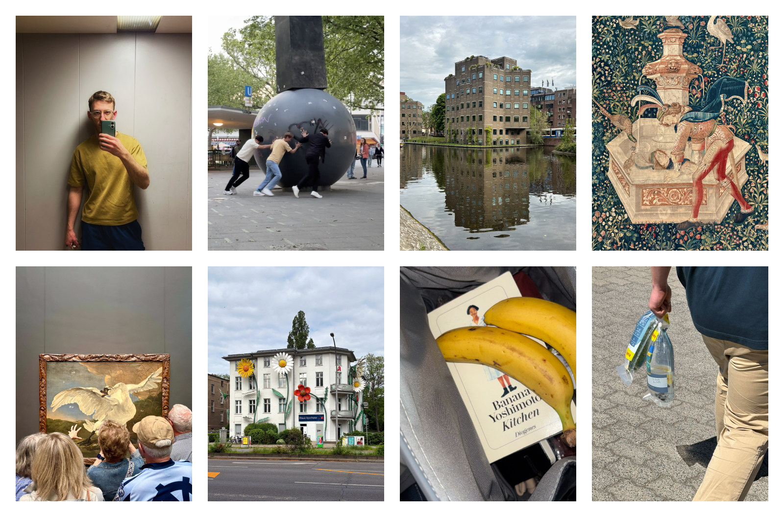 Collage: Selfie im Aufzug, Museum in Amsterdam, Bananen, ein Haus mit Blumen