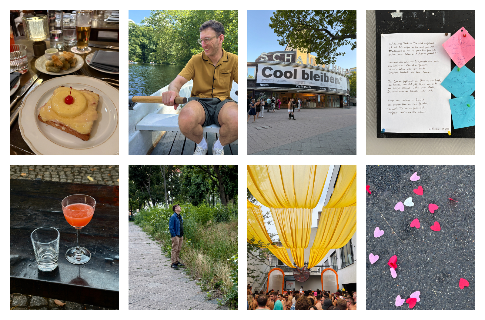 Collage: Toast Hawaii, ich im Boot, ein Drink, Konfetti-Herzen