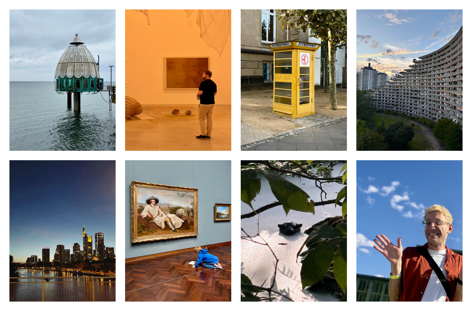 Collage: Eine gelbe Telefonzelle, Frankfurt Skyline, Kunst, ich vor blauem Himmel